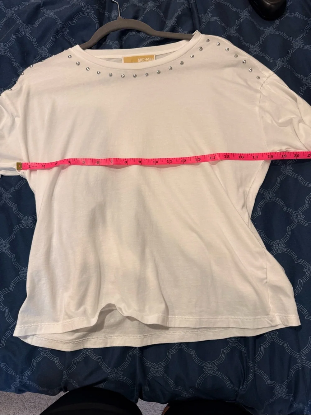 Michael Michael Kors White Studded Neck Tee Size Small Silver Embellished Top